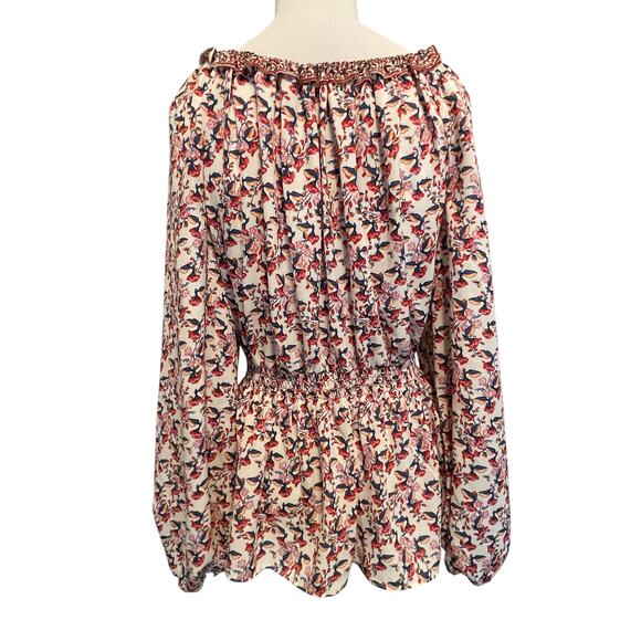 Max Studio Floral Blouse Womens Large Cream Red Smocked Waist Peplum Top - Picture 5 of 12